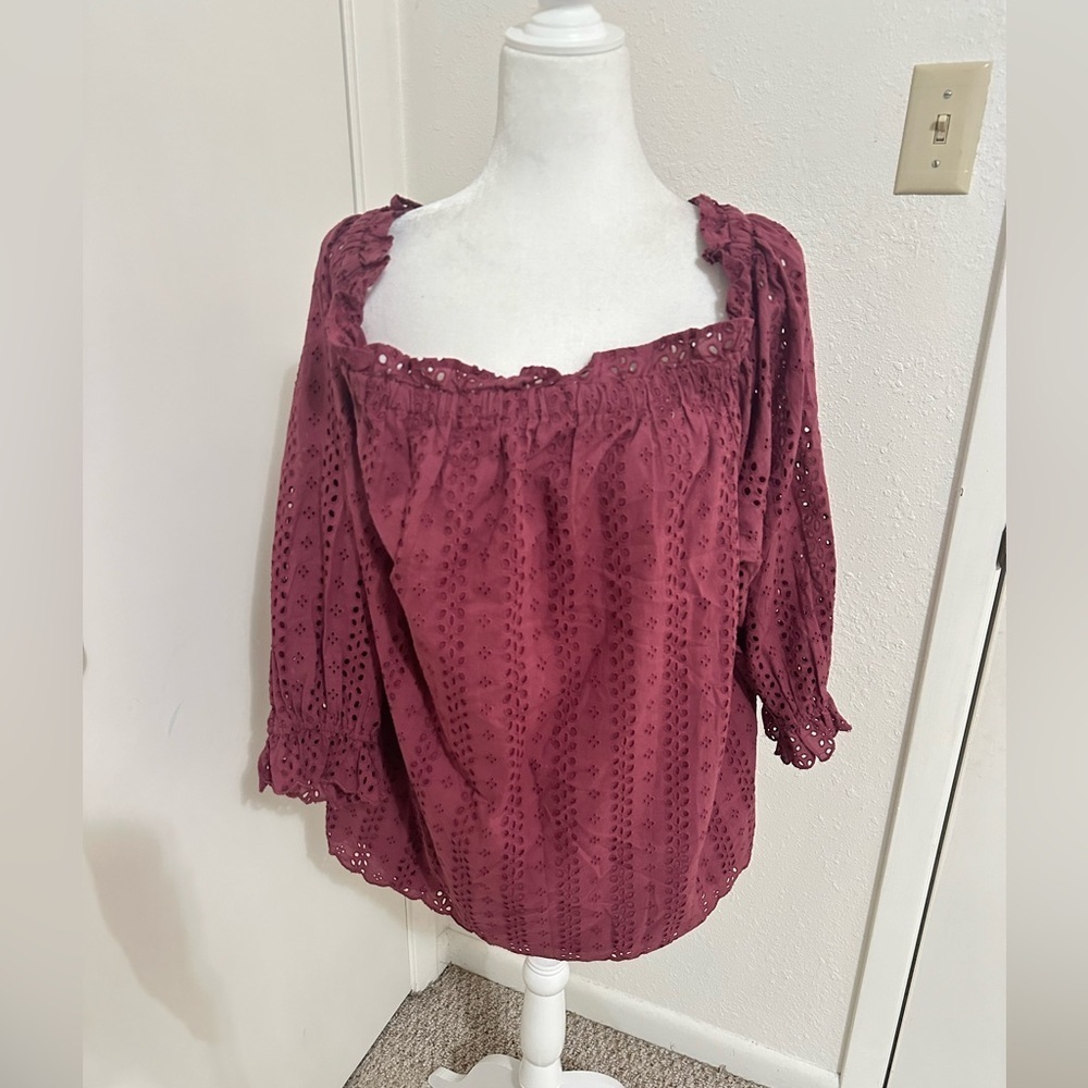 lane bryant 26 28 off the shoulder laser cut maroon long sleeve shirt Trendy